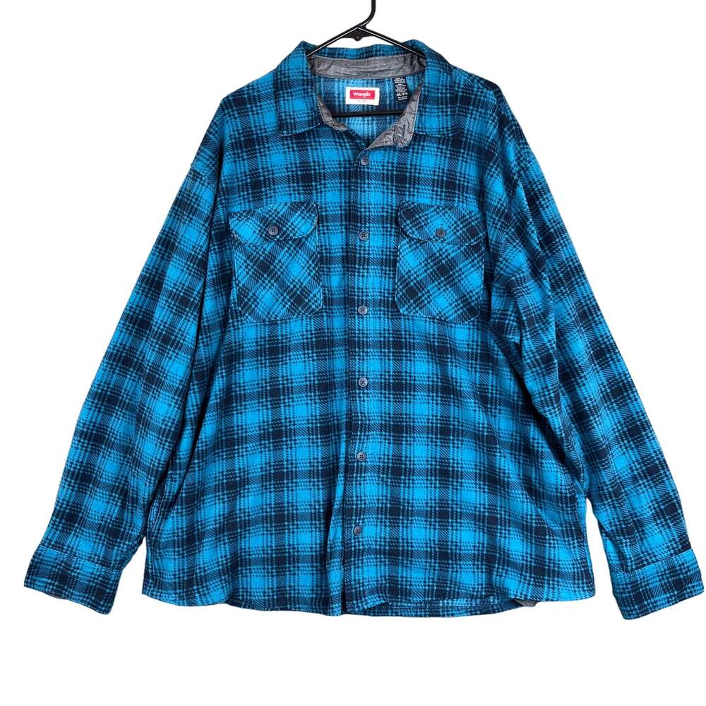 Wrangler Mens Shirt Blue Black Plaid Fleece Button Down Front Pockets Hiking 2XL